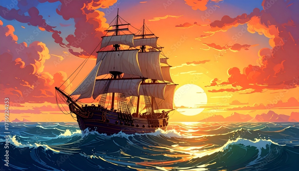 Obraz premium Pirate ships sailing on the horizon at sunset with fire on the sea