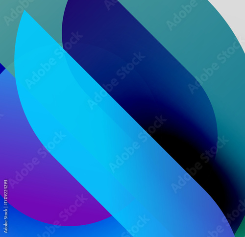 Abstract shapes overlap, creating vibrant blue, purple gradients. Smooth transitions suggest fluidity, depth. Modern design elements present.