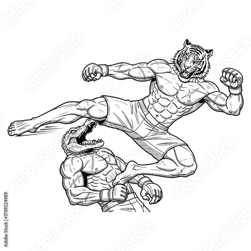 Black and white illustration of an intense martial arts battle between two anthropomorphic fighters — one with a tiger head and one with a crocodile head — both with muscular human bodies.