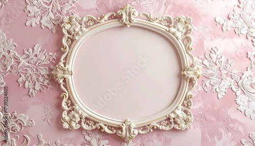 Luxury classicism oval photo frame with floral ornaments against a decorative pink stucco wall with rococo elements