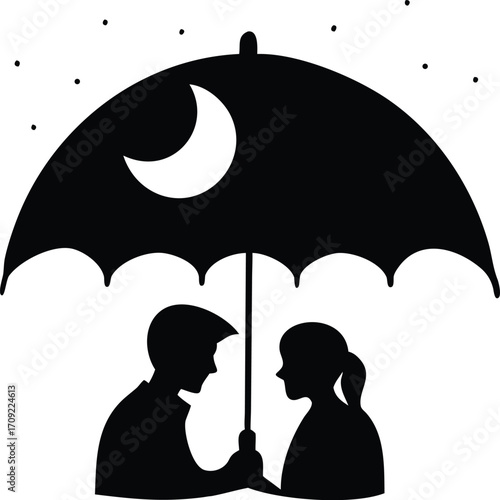 Romantic couple silhouette sharing an umbrella in the rain silhouette