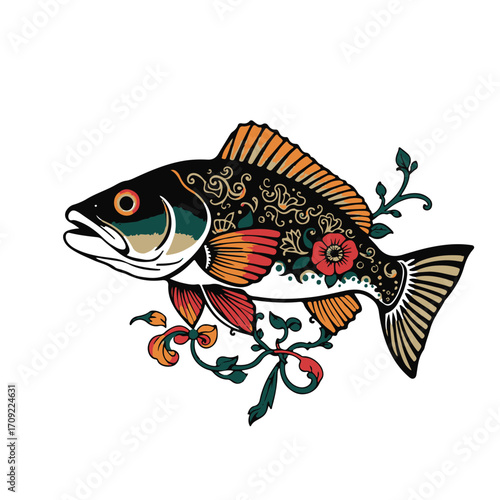 Traditional tattoo art print, vector silhouette of a fish, black and white, on a crisp white background, featuring vibrant colors and a retro flair with complex ornamentation