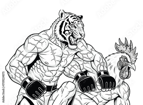 Black and white illustration of an intense boxing match between two anthropomorphic fighters — a muscular tiger and a muscular rooster — both with human-like bodies, wearing boxing gloves and shorts. 
