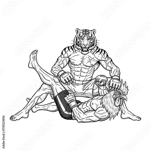 Black and white illustration of an intense boxing match between two anthropomorphic fighters — a muscular tiger and a muscular rooster — both with human-like bodies, wearing boxing gloves and shorts. 