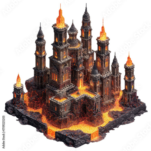 A dark imposing stone castle with fiery orange lava flowing around its base and illuminated windows
