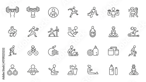 Fitness and exercise vector icons set workout training gym activity sport healthy lifestyle and wellness 100