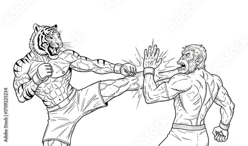A dynamic black-and-white illustration of an intense martial arts battle between a muscular anthropomorphic tiger and ape. 
