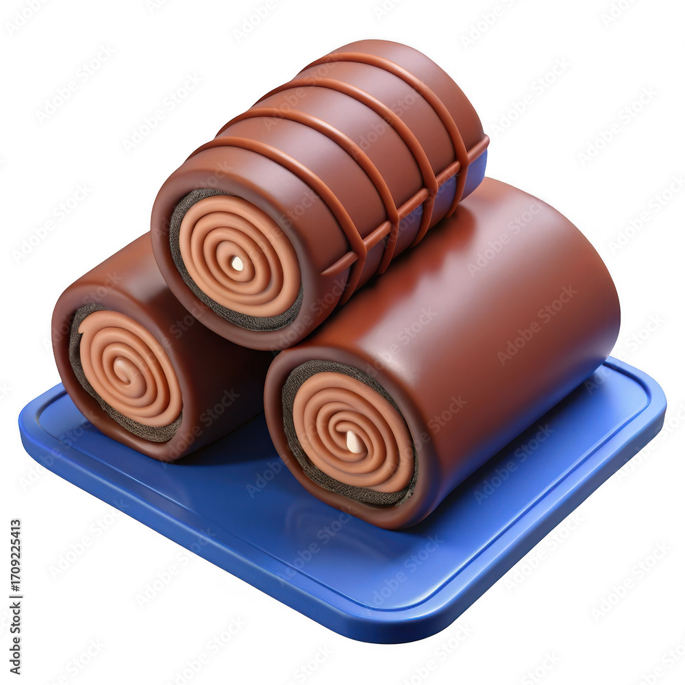 Obraz premium Three delicious chocolate swiss roll cakes stacked on a blue plate isolated on transparent background