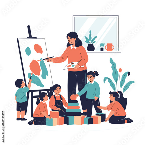 Children learning art and creativity in a classroom setting.