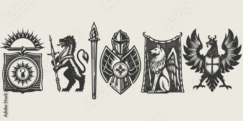 Collection of vintage heraldic symbols featuring a lion griffin knight helmet wolf and eagle crests