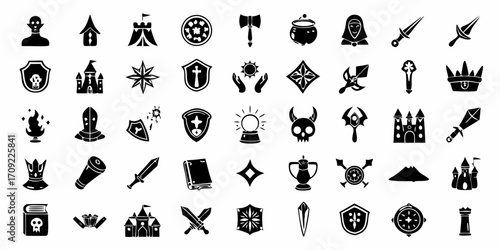 Collection of fantasy game icons including swords shields castles potions skulls and magical items