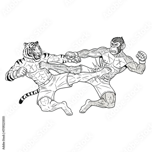 A dynamic black-and-white illustration of an intense martial arts battle between a muscular anthropomorphic tiger and ape. 