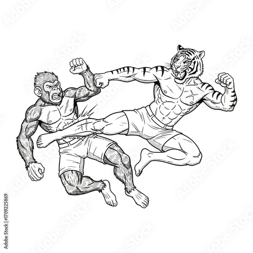 A dynamic black-and-white illustration of an intense martial arts battle between a muscular anthropomorphic tiger and ape. 