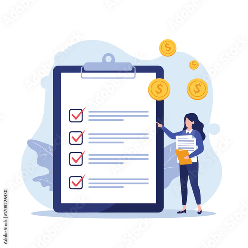A woman reviews a completed financial checklist with coins floating around.