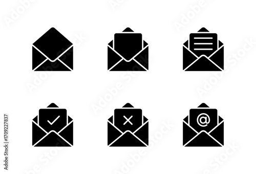 Open email envelope icon set. Message symbol with check, cross, text, and mention sign