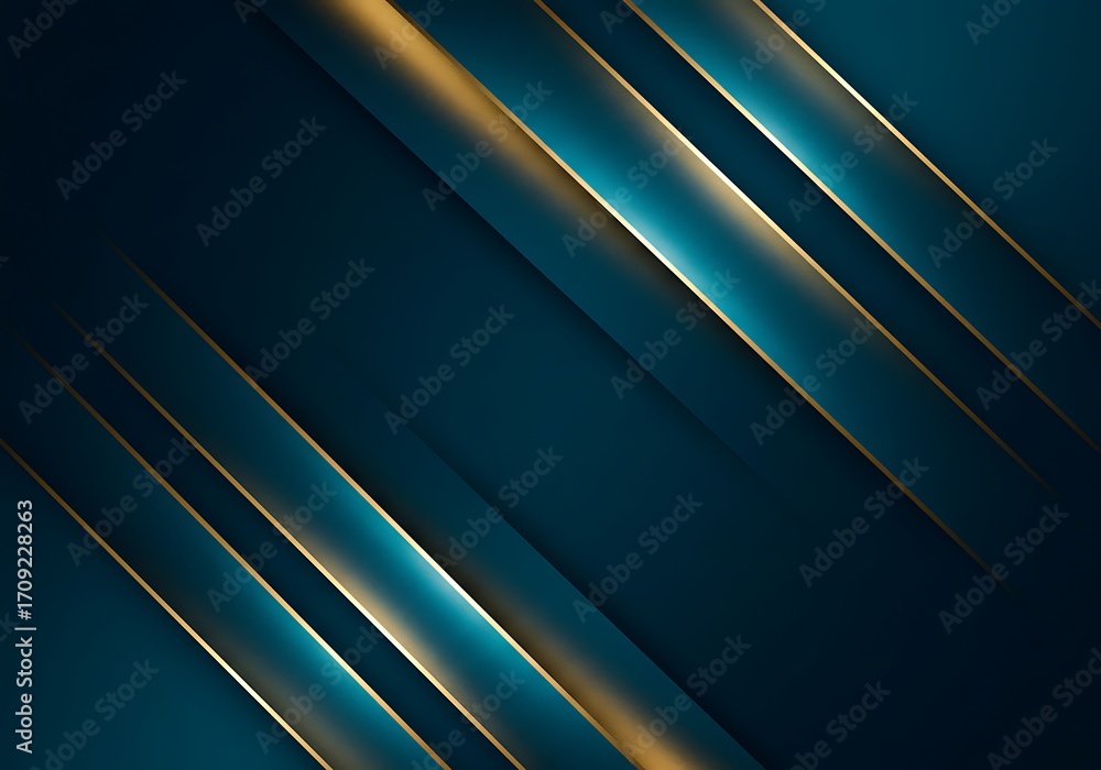 Obraz premium Abstract dark blue background with diagonal glowing golden and teal light streaks creating a sense of depth and movement