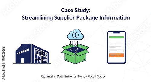 Illustration of streamlining supplier package information for trendy retail goods using a warehouse, open box, and mobile form.