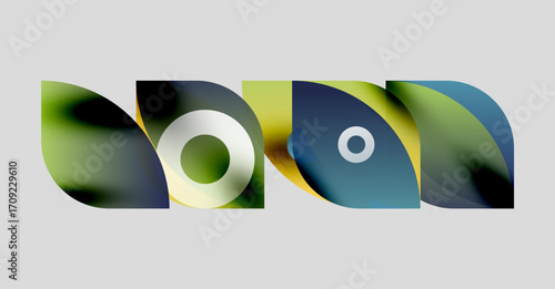 Abstract shapes overlap, creating vibrant color blends. Circles, curves, gradients define composition. Modern design elements present visual harmony.