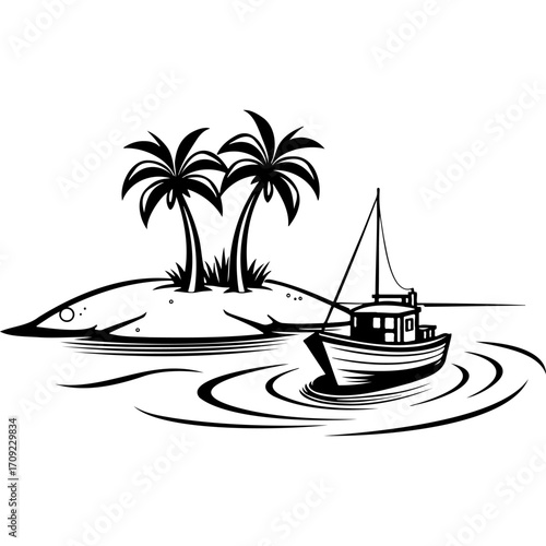 Sketchy emblem of fishing boat moored to the shore of a palm island. Engraving minimalistic vector in black ink drawing on transparent background