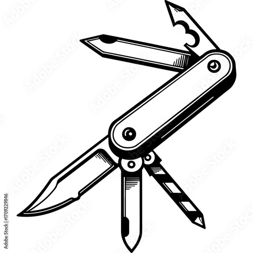 Sketchy emblem of folding camping knife multitool. Engraving minimalistic vector in black ink drawing on transparent background