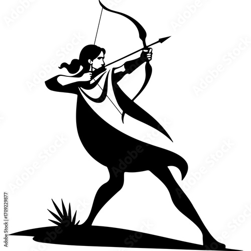 Sketchy emblem of girl dressed in a loose cloak aiming a bow. Engraving minimalistic vector in black ink drawing on transparent background
