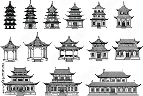 Traditional Asian Pagodas and Chinese Temple Architecture Set – Vintage Line Art Illustrations of Historic Buildings, Shrines, and Cultural Structures for Design Use
