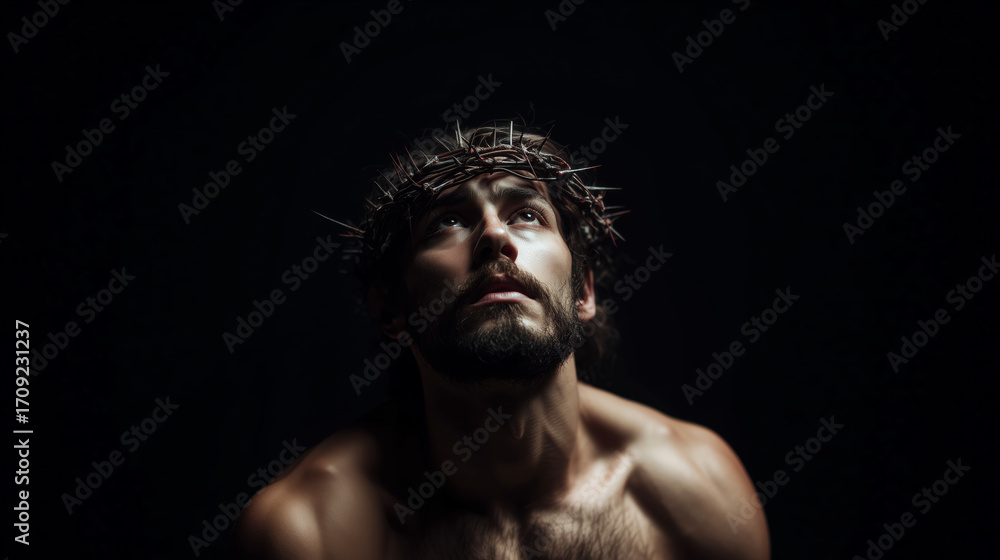 Fototapeta premium Passion and sacrifice a man in a crown of thorns dark studio portrait art