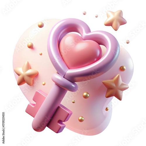 Magical pink heart key with stars and glitter for romantic fantasy concepts isolated on transparent background