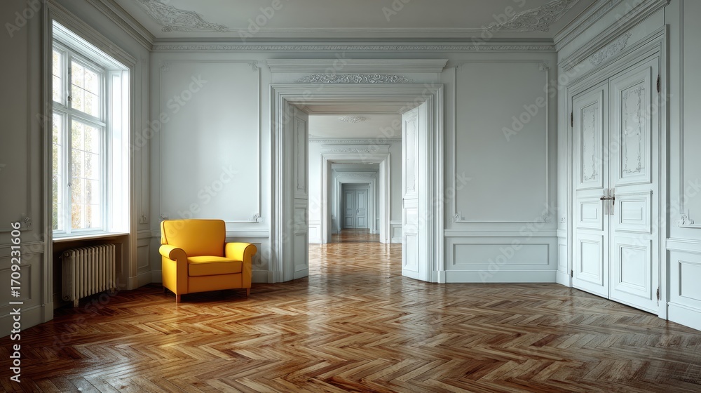 Fototapeta premium Empty, grand room with yellow chair