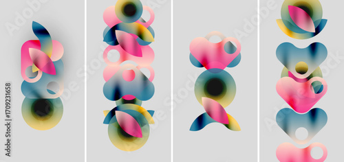 Abstract composition featuring overlapping colorful shapes. Soft gradients create fluid forms, arranged vertically in four panels. Minimalist design.