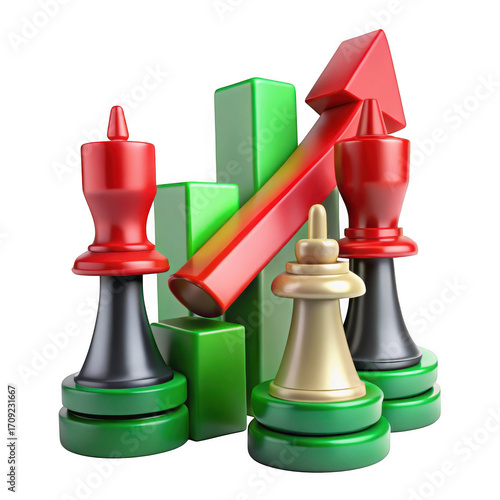 Chess piece strategy and growth chart concept symbolizing business success isolated on transparent background