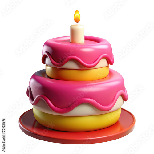 Delicious two tier pink frosted birthday cake with lit candle celebration dessert isolated on transparent background
