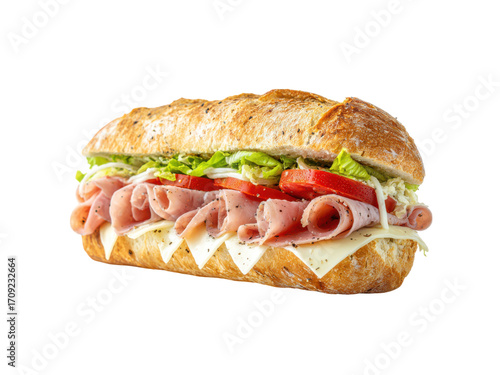 Delicious ham cheese lettuce tomato sandwich on crusty bread image, Isolated, Png Transparent Background