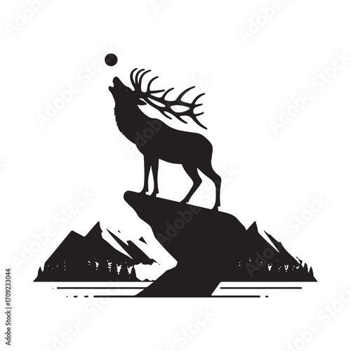 Vector art of silhouette of a stag on a rocky outcrop, howling at the moon