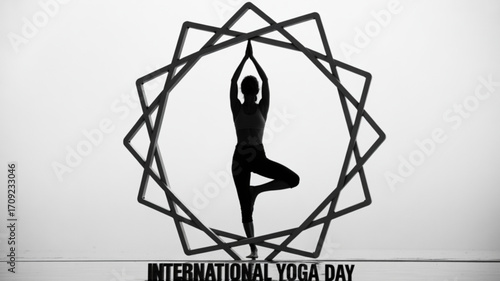 International yoga day celebration with tree pose and geometric frame for wellness and mindfulness day
