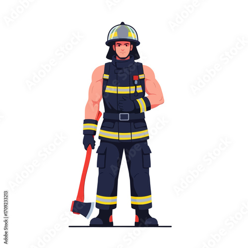 Vector Firefighter Illustration | Fireman in Protective Uniform with Axe, Flat Minimalist Design on White Background