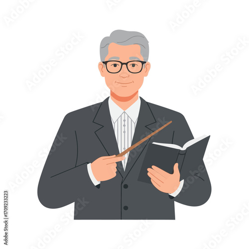 Vector Teacher Illustration  Educator with Book and Pointer, Flat Minimal Design, White Background