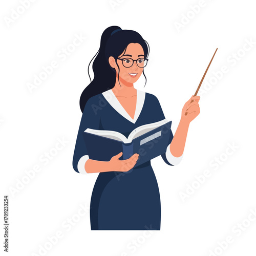 Vector Teacher Illustration | Educator with Book and Pointer, Flat Minimal Design, White Background