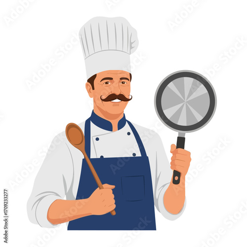Vector Chef Illustration | Professional Cook with Pan and Spoon, Flat Minimal Style, White Background