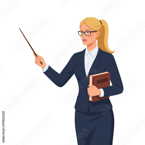 Vector Teacher Illustration | Educator with Book and Pointer, Flat Minimal Design, White Background