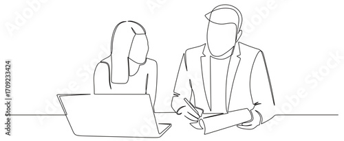 continuous line art of a man in a working style writing on paper and being looked at by a female colleague