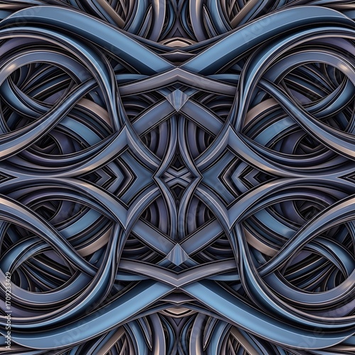 A symmetrical pattern of interwoven, metallic ribbons creates a visually engaging design.