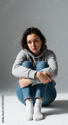 depressed young european woman front view isolated on neutral background