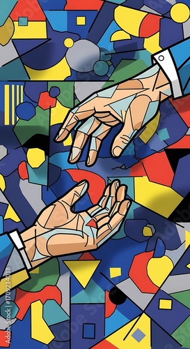 Two hands reach out, intertwined with a vibrant, geometric pattern.