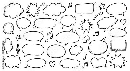 Hand-drawn speech bubbles, clouds, stars, and music notes create a whimsical communication collage