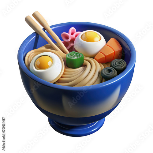 Delicious ramen noodle soup bowl with chopsticks egg and vegetables isolated on transparent background