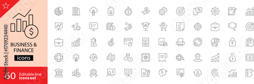 Business and Finance web icons. Vector business and finance editable stroke line icon set with money, bank, check, law, auction, exchange, payment, and more. Vector illustration.
