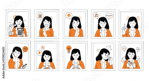 Businesswoman moods representing professional journey with calculator, eureka moment, and challenges