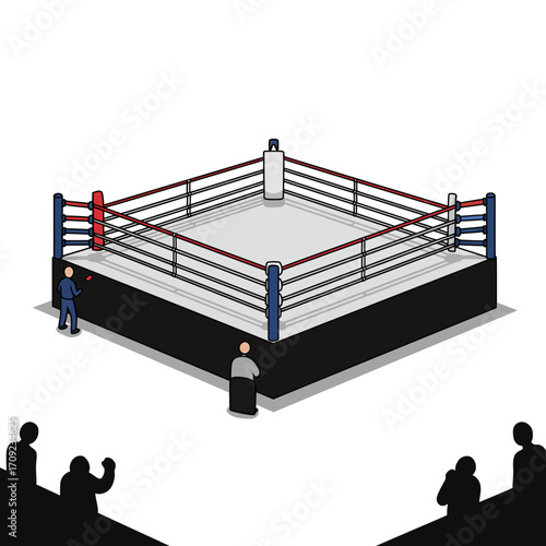 Isometric Illustration of Empty Boxing Ring with Red and Blue Ropes.