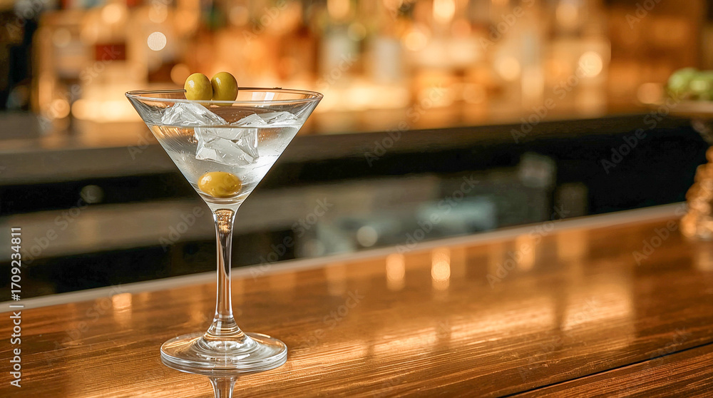 custom made wallpaper toronto digitalA perfectly chilled martini with olives and ice sits on a polished wooden bar, ready to be enjoyed. The background shows a softly lit bar.